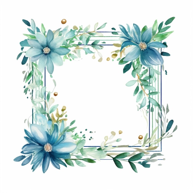 There is a blue flower frame with green leaves and berries generative ai