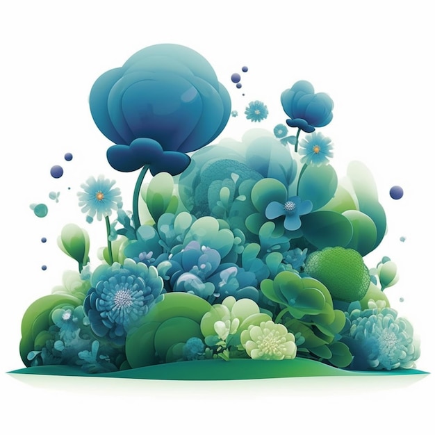 There is a blue flower and some green plants on a white background generative ai