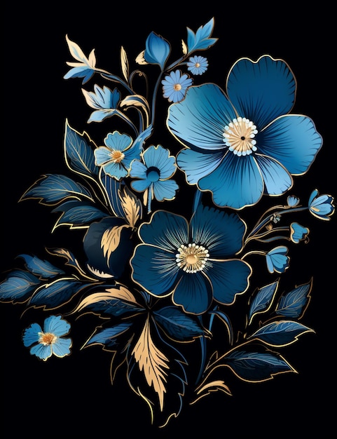 there is a blue flower with gold leaves on a black background generative ai