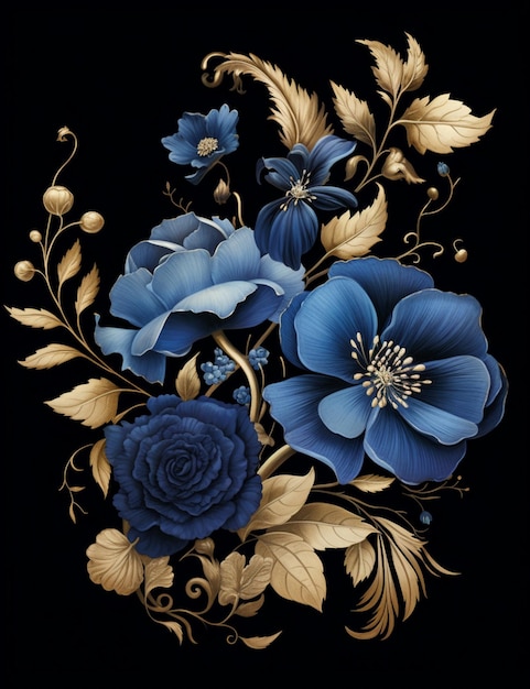 there is a blue flower with gold leaves and flowers on a black background generative ai