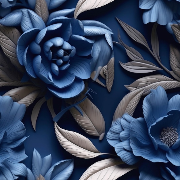 There is a blue flower with leaves on a blue background generative ai