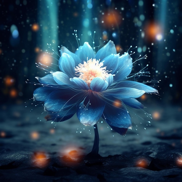 There is a blue flower with a white center surrounded by small lights generative ai