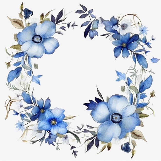 There is a blue flower wreath with leaves and flowers on it generative ai