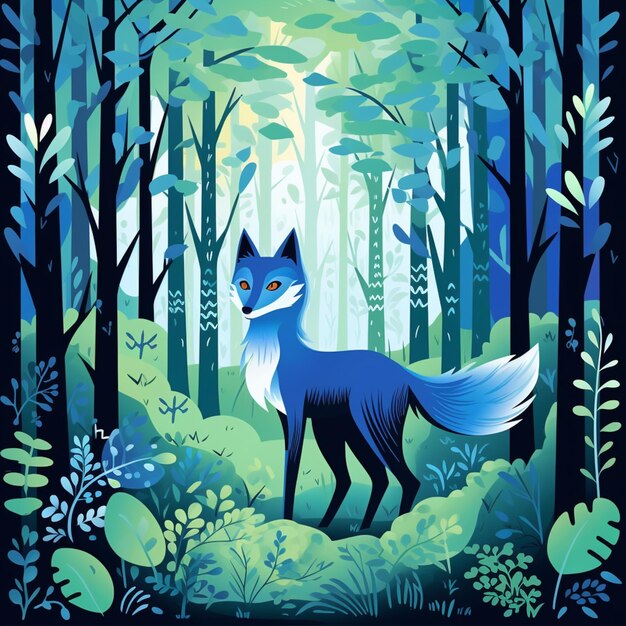 There is a blue fox standing in the middle of a forest generative ai