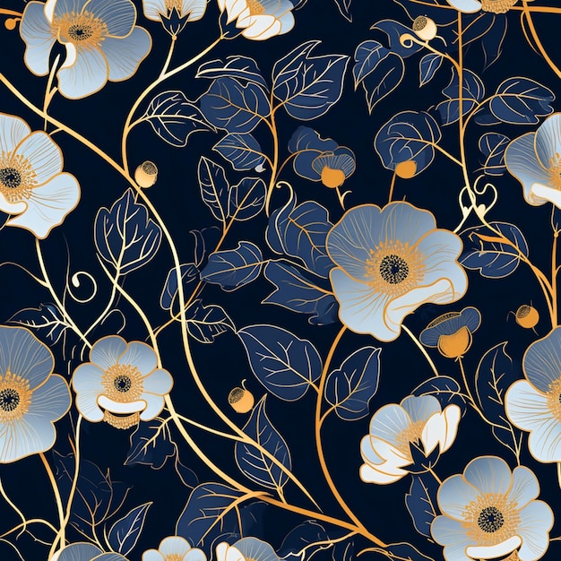 There is a blue and gold floral pattern with leaves and flowers generative ai
