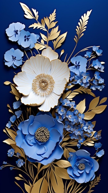 파란색과 황금색의 꽃 배열이 있으며 잎과 꽃이 생성됩니다.