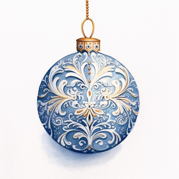 There is a blue and gold ornament hanging from a gold chain generative ai