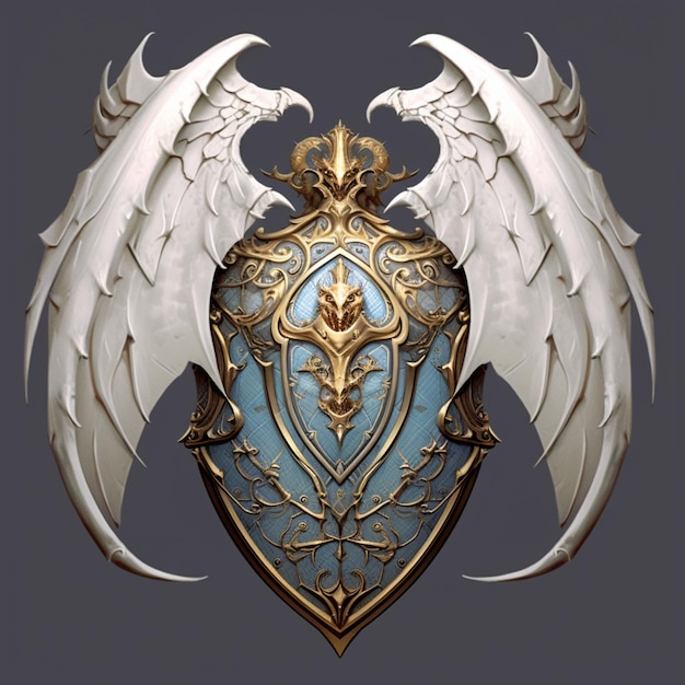 There is a blue and gold shield with wings on it generative ai