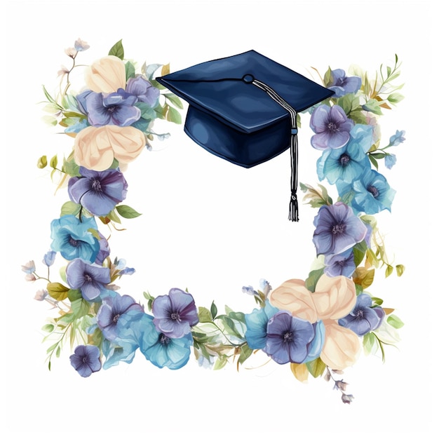 there is a blue graduation cap and flowers in a wreath generative ai