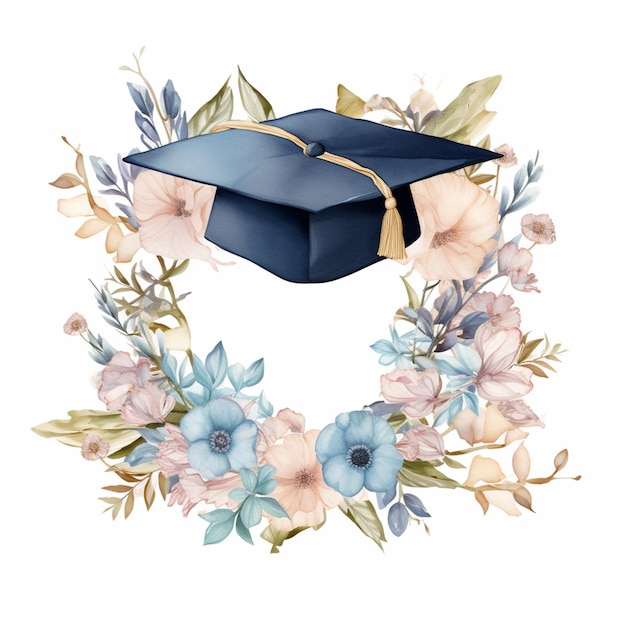 there is a blue graduation cap with flowers around it generative ai