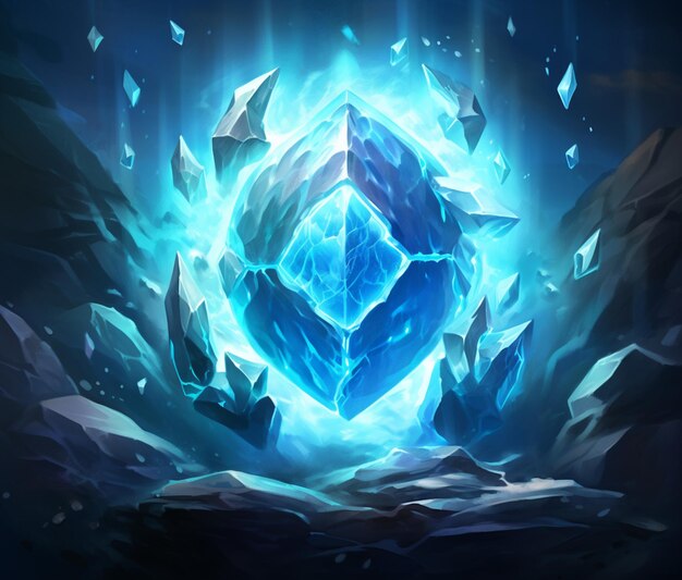 There is a blue ice ball in the middle of a rocky area generative ai