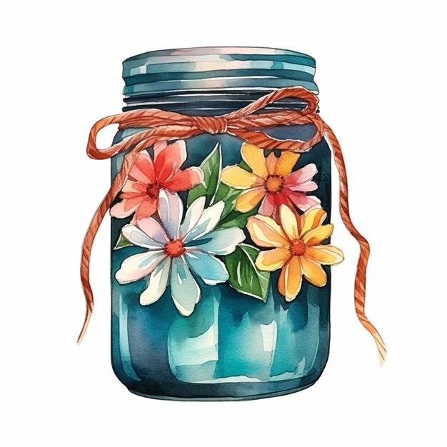 Photo there is a blue jar with flowers in it and a brown string generative ai