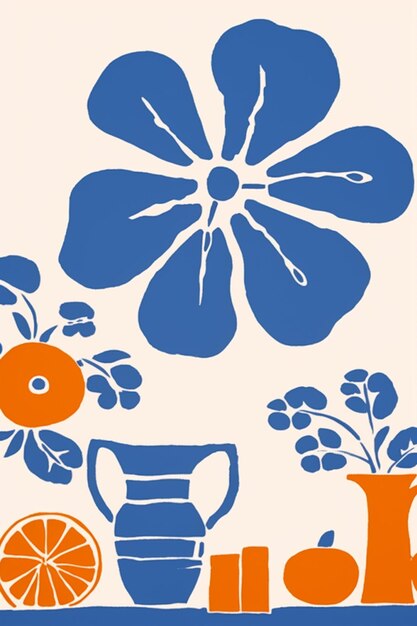 Photo there is a blue and orange flower and vases on a table generative ai