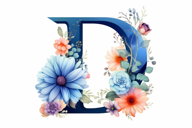 青色とオレンジ色の花の文字 d と白い背景の生成 ai があります