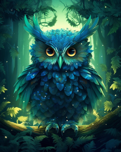 There is a blue owl sitting on a branch in the woods generative ai