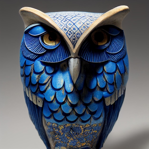 There is a blue owl statue with a gold and blue design generative ai