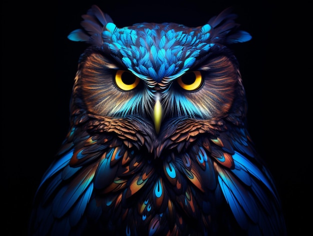 There is a blue owl with yellow eyes and a black background generative ai