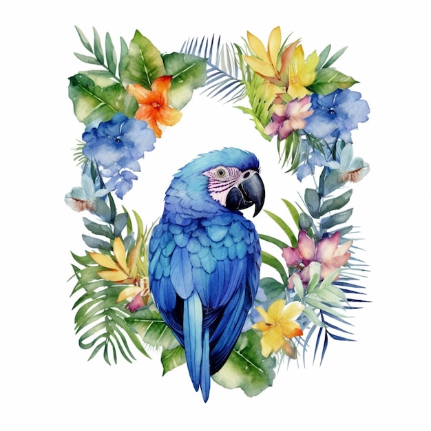 There is a blue parrot sitting in a wreath of flowers generative ai