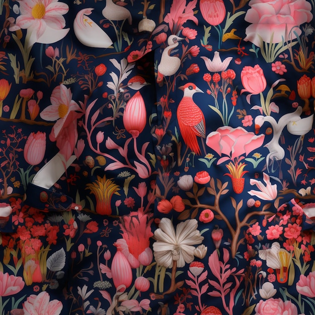 Photo there is a blue and pink floral print fabric with birds and flowers generative ai