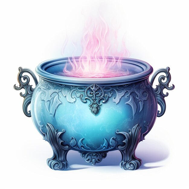 there is a blue pot with a pink flame in it generative ai