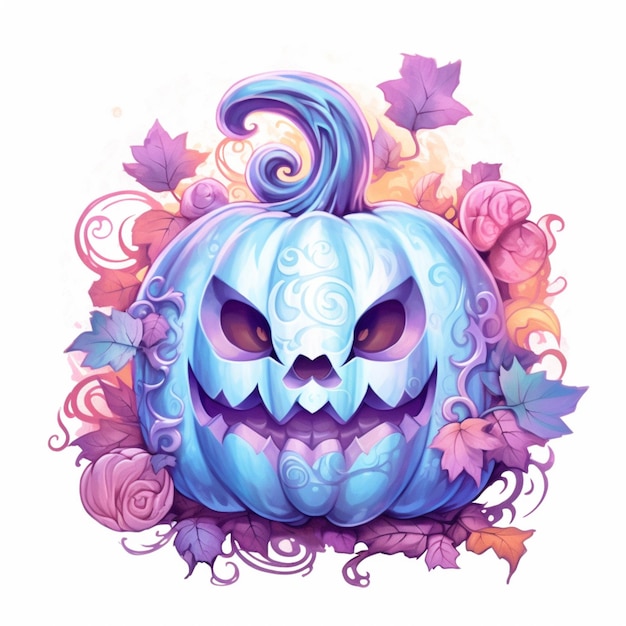 there is a blue pumpkin with a swirly face surrounded by leaves generative ai