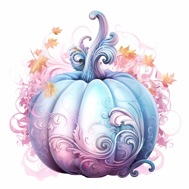 There is a blue and purple pumpkin with swirls and leaves generative ai