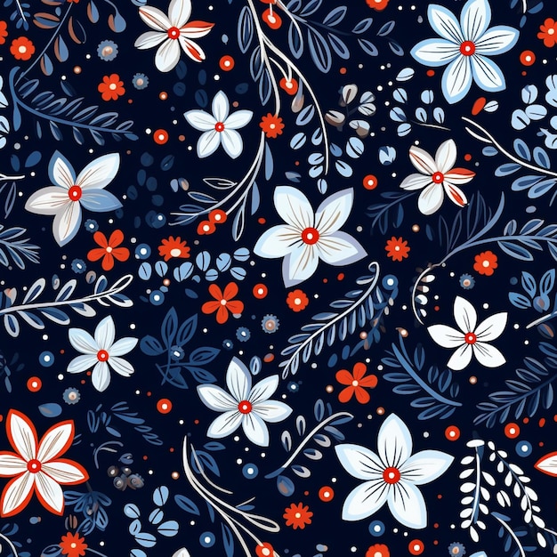 there is a blue and red floral pattern with white flowers generative ai