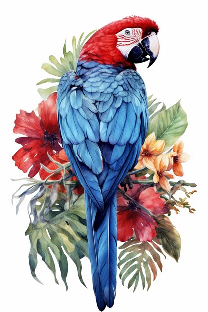 There is a blue and red parrot sitting on a branch of a tree generative ai