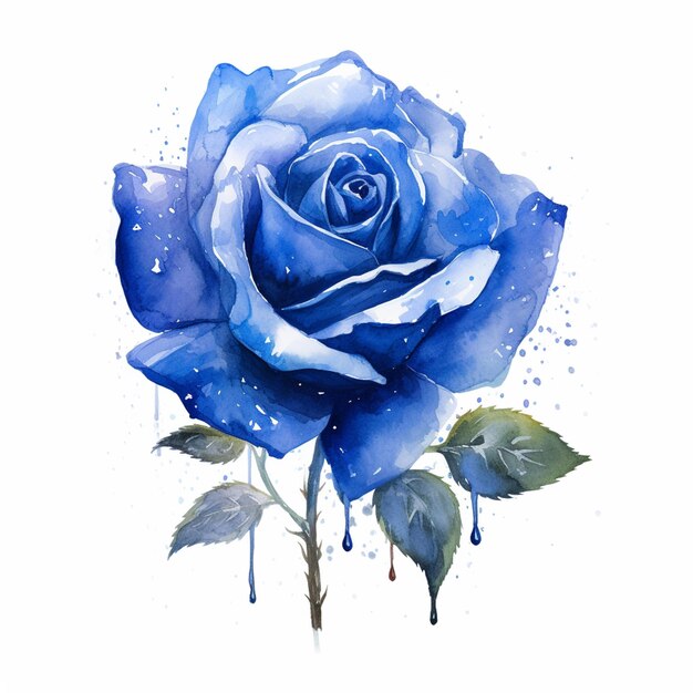 Photo there is a blue rose with watercolor drops on it generative ai