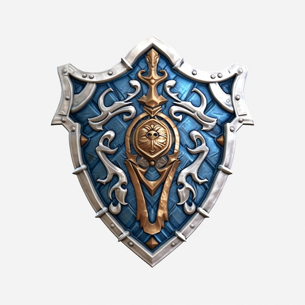 there is a blue and silver shield with a gold design generative ai