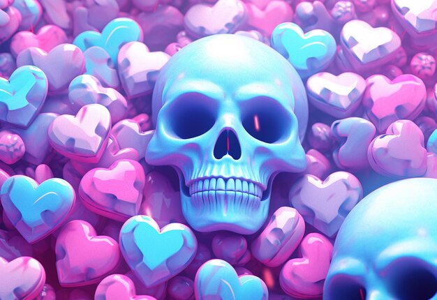 There is a blue skull surrounded by many pink hearts generative ai