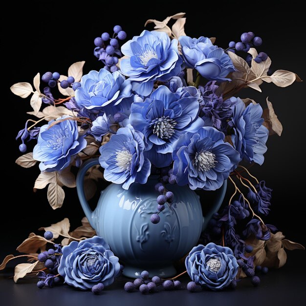 there is a blue vase with blue flowers and berries in it generative ai