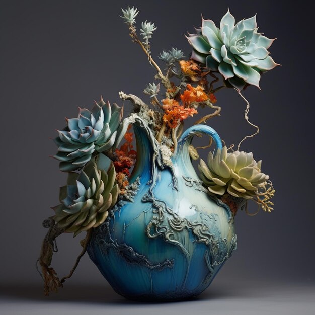 There is a blue vase with a bunch of succulents in it generative ai