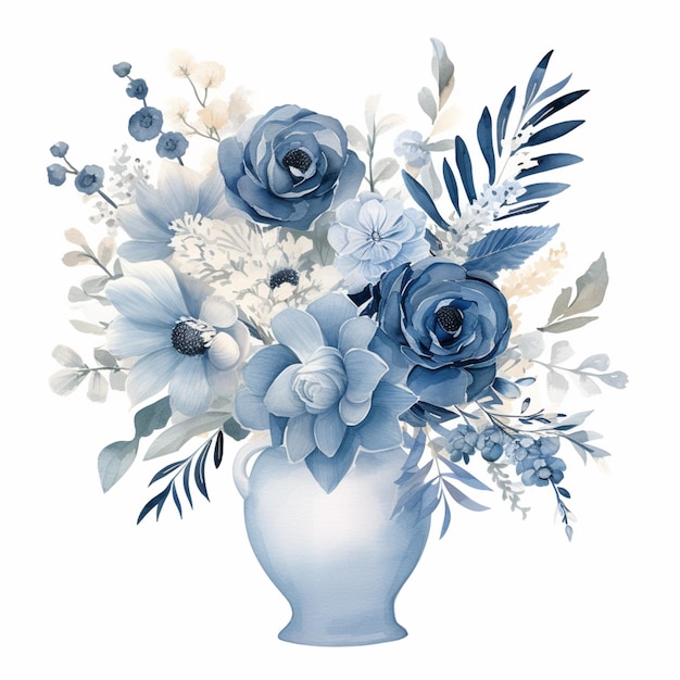 there is a blue vase with flowers in it on a white background generative ai