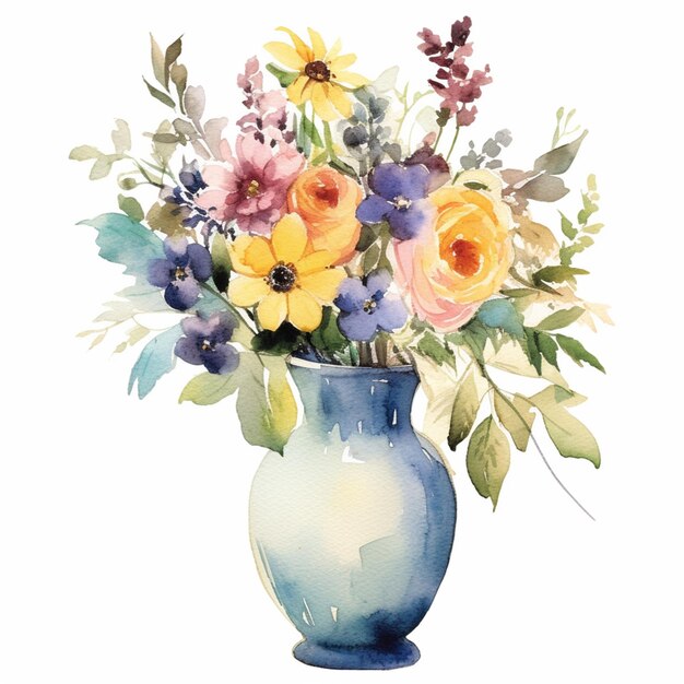 На белом фоне стоит синяя ваза с цветами.