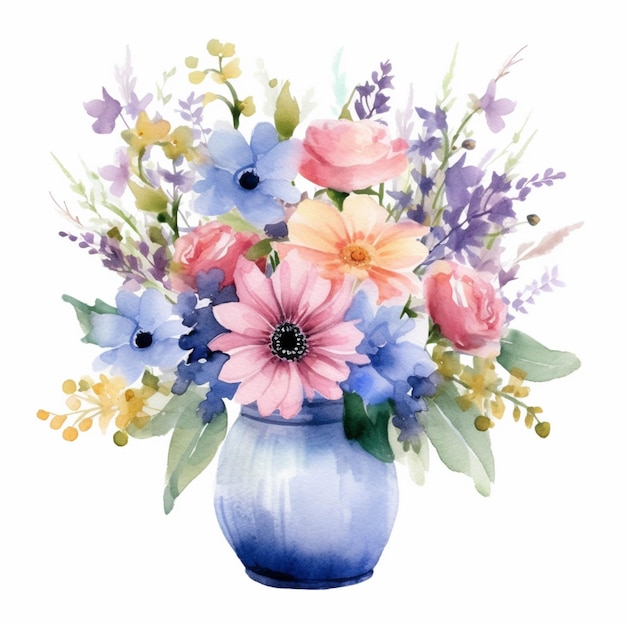 Там синяя ваза с цветами на белом фоне.