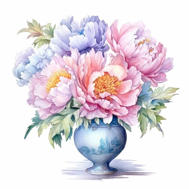 There is a blue vase with pink and purple flowers in it generative ai