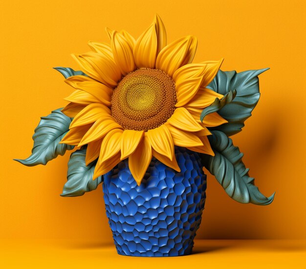 There is a blue vase with a yellow sunflower in it generative ai