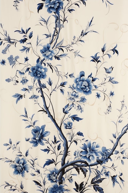 Photo there is a blue and white floral pattern on a wall generative ai