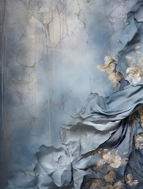 there is a blue and white floral wallpaper with a blue curtain generative ai