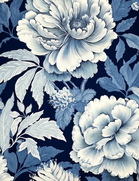 There is a blue and white floral wallpaper with leaves generative ai