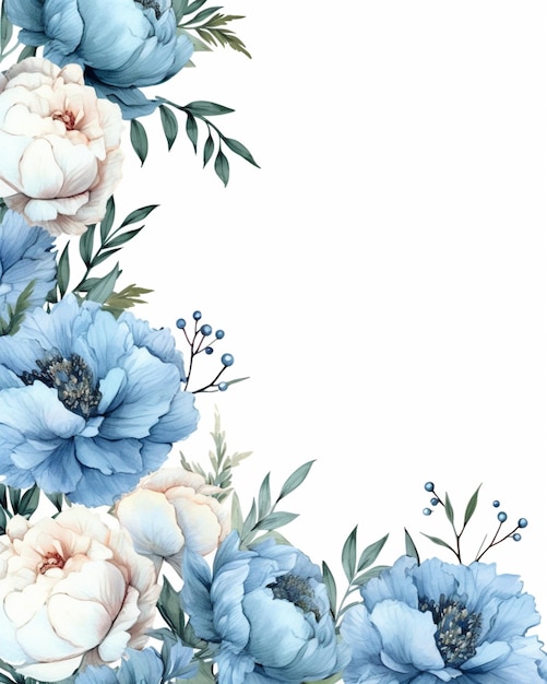 There is a blue and white flower border with leaves generative ai