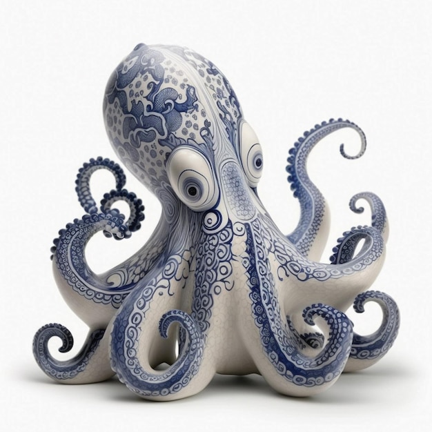 there is a blue and white octopus statue on a white surface generative ai