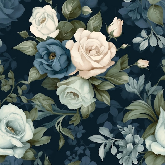 There is a blue and white rose pattern on a black background generative ai