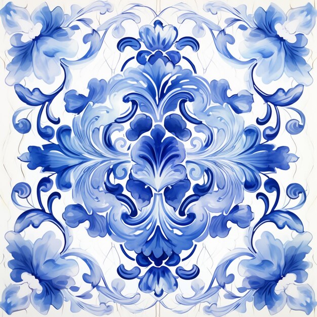 there is a blue and white tile with a floral design generative ai