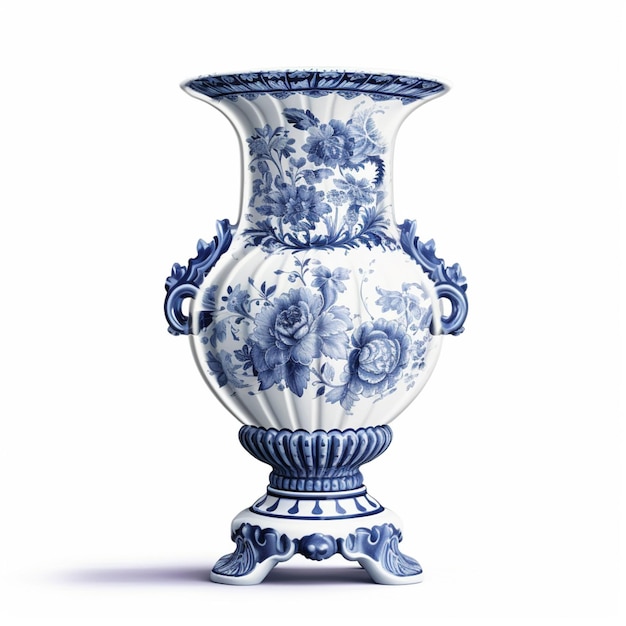 there is a blue and white vase with a floral design on it generative ai