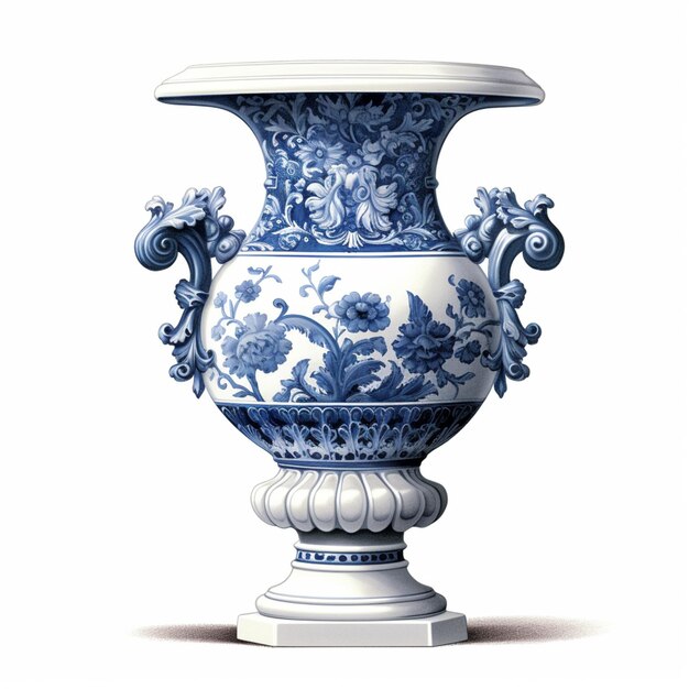 there is a blue and white vase with a floral design on it generative ai