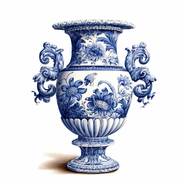 there is a blue and white vase with a floral design on it generative ai