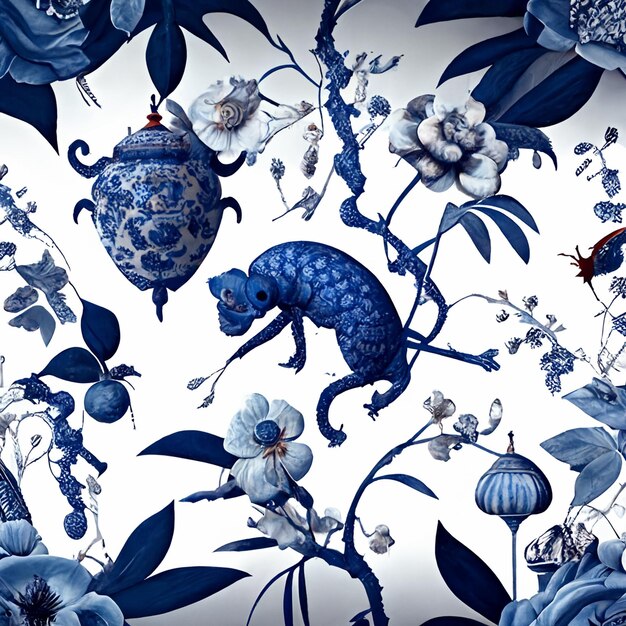 there is a blue and white wallpaper with a monkey and flowers generative ai