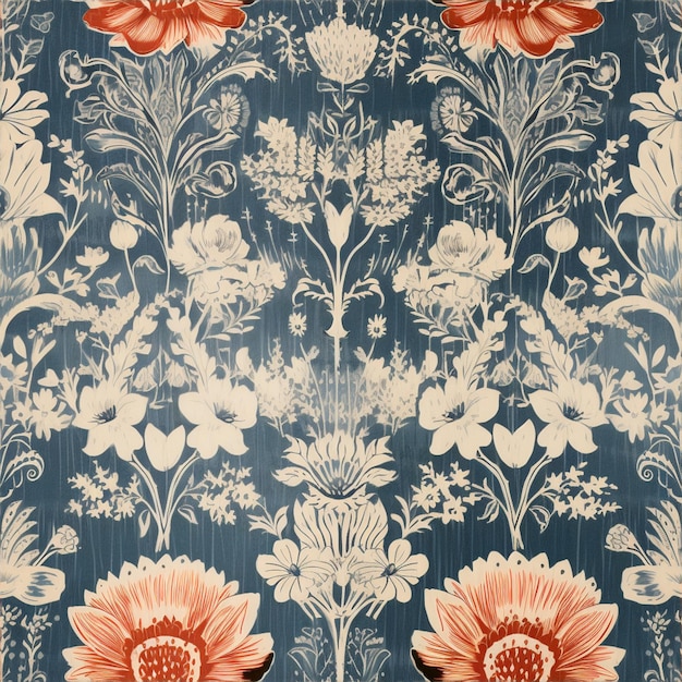 there is a blue and white wallpaper with a red flower pattern generative ai